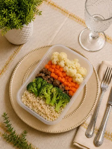 COUVE FLOR, CENOURA EM CUBO, CARNE, BRÓCOLIS, ARROZ