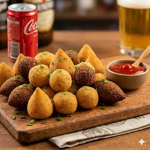 25 Salgados Crocantes + Coca 310ml + Molho