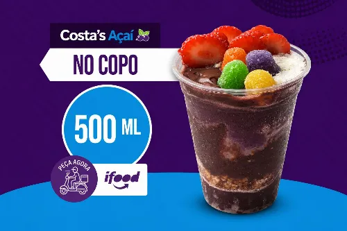 2 copos de açaí de 500ml + 10 complementos grátis